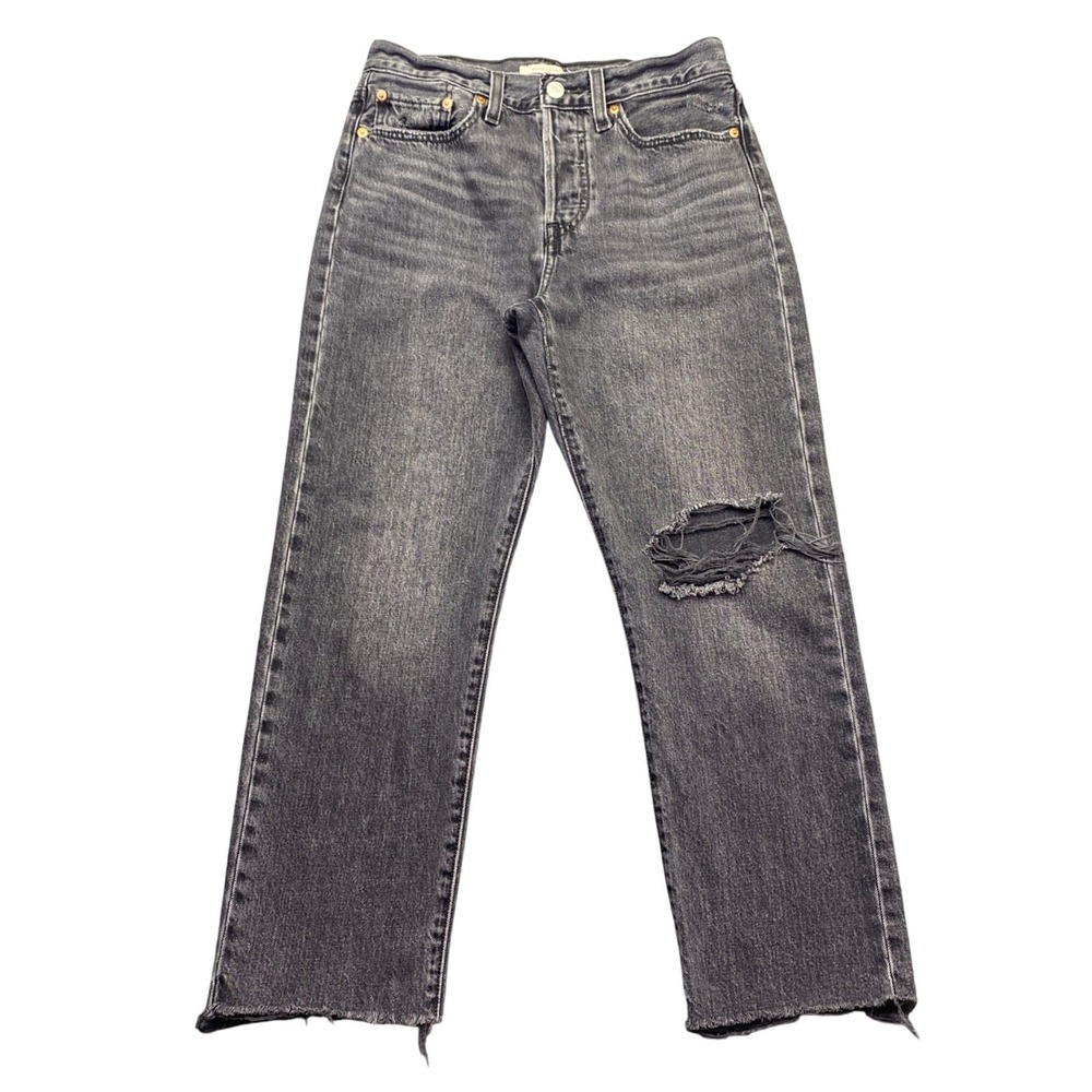 Levis Premium Wedgie Straight Jeans 27 Grey Distressed Raw Hem Grunge Big E